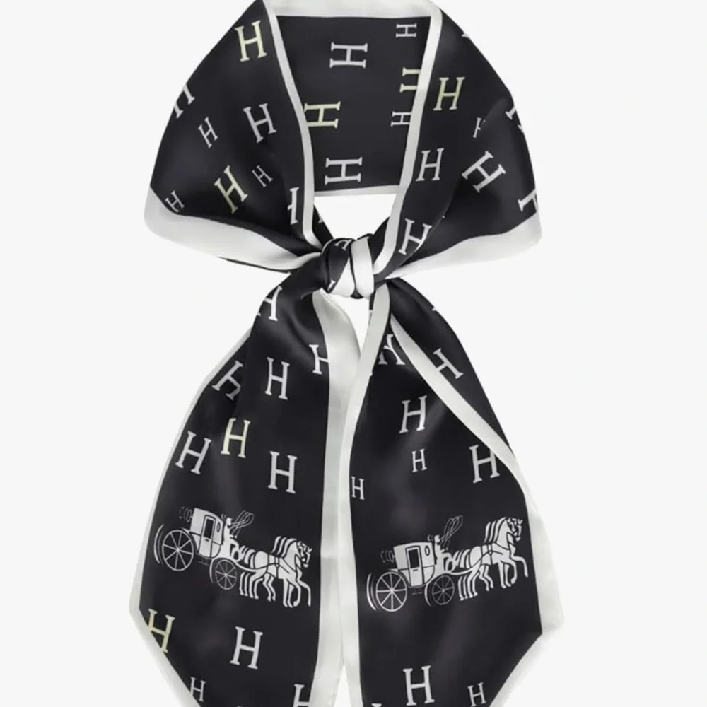 Black and White Luxury Silky Twilly Scarf w/ H Pattern Horse Carriage Expensive